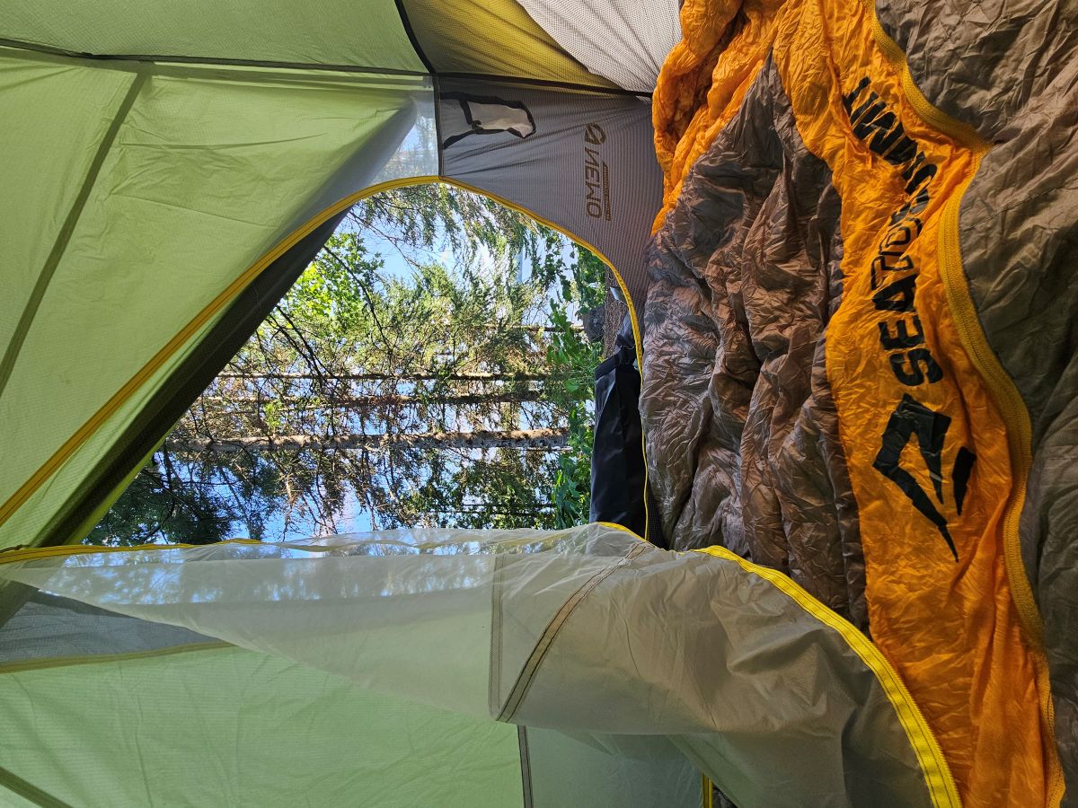 looking out, with sleeping bags