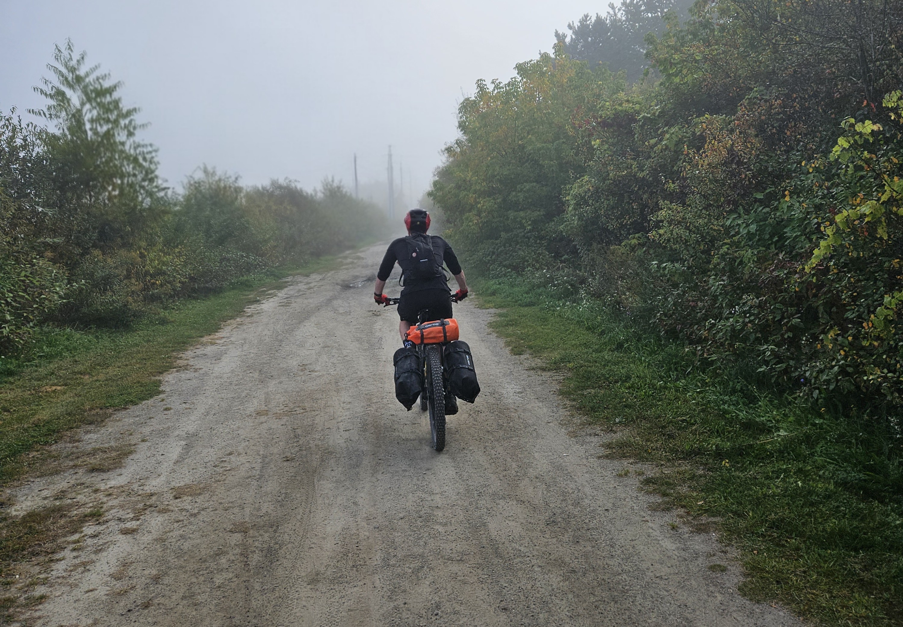 An action shot of bikepacking